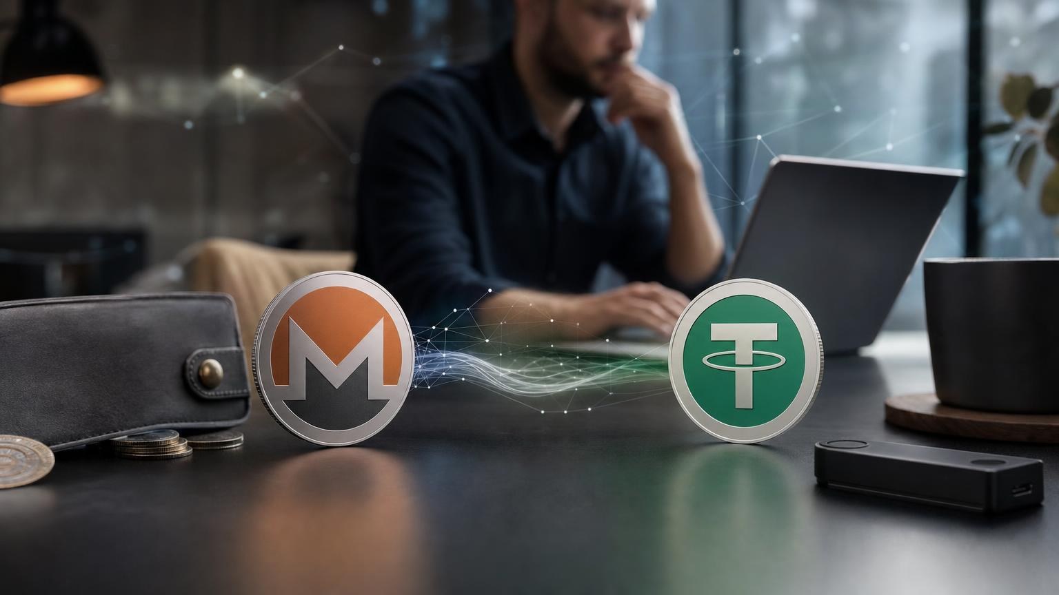 Ilustração de uma troca de Monero por USDT com verificação da rede, do endereço de recebimento e das confirmações da transação